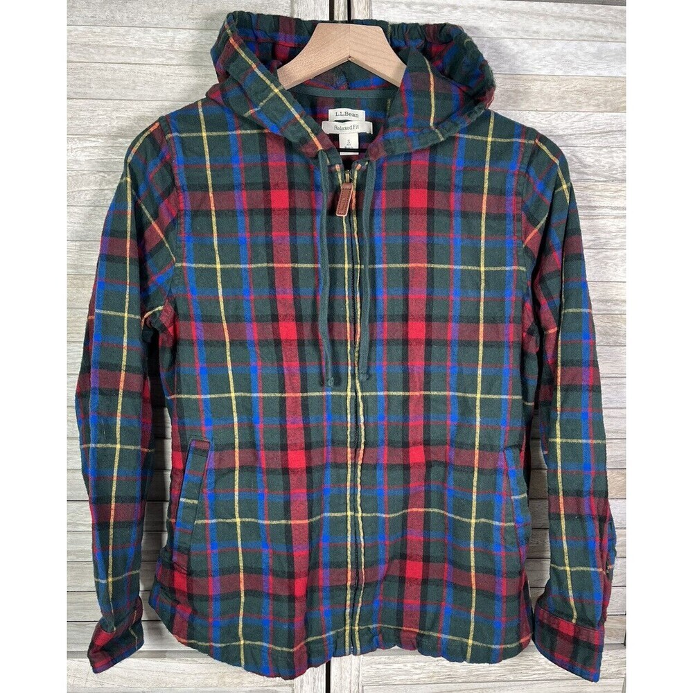 L.L. Bean Women's S Petite Relaxed Fit Plaid Full Zip Hoodie Flannel Shirt